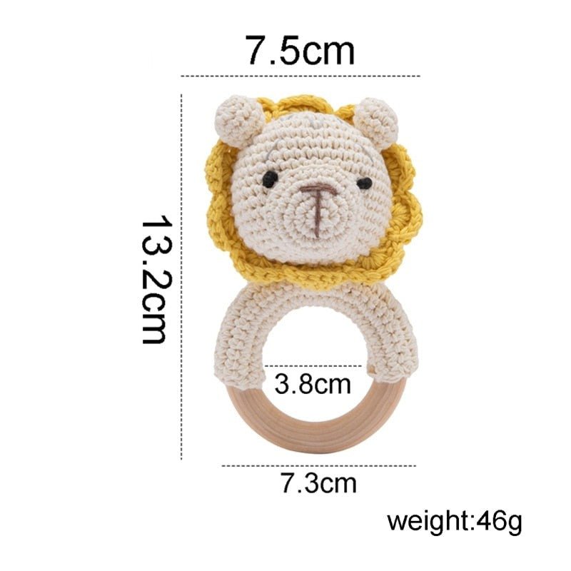 Crochet Lion Rattle and Teether plush toy with wooden ring for daily play and cuddle time.