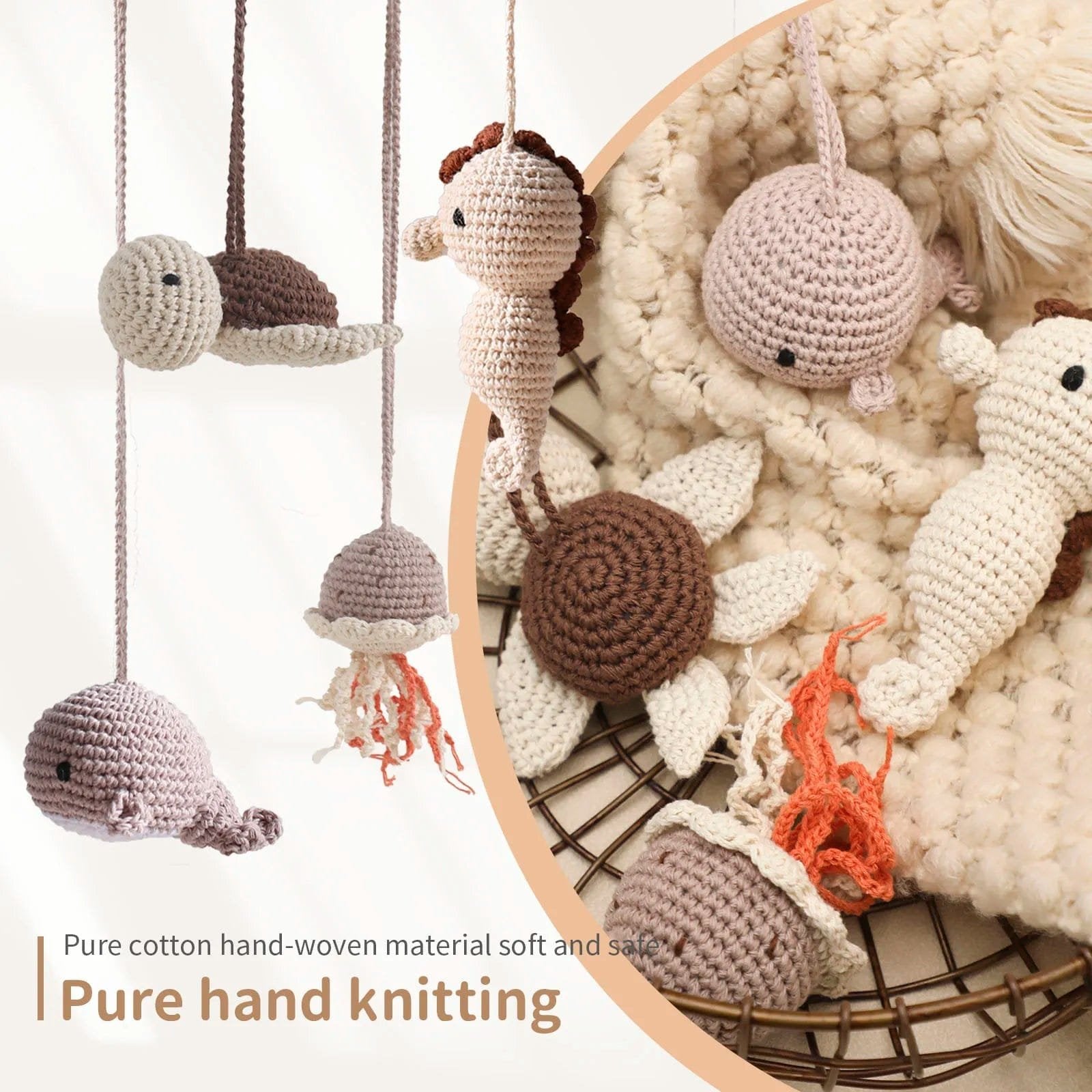Crochet sea theme baby mobile pendant set laid flat, soft hanging toys for cots, prams, and wooden play gyms.