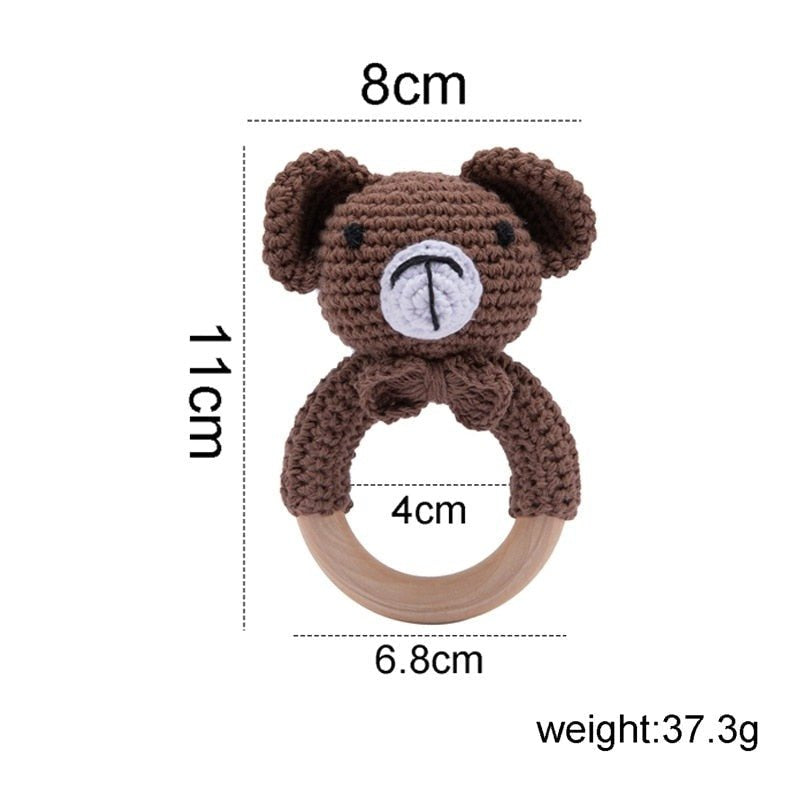 Crochet Teddy Bear Rattle and Teether plush toy with wooden ring for playroom decor and thoughtful gift sets.
