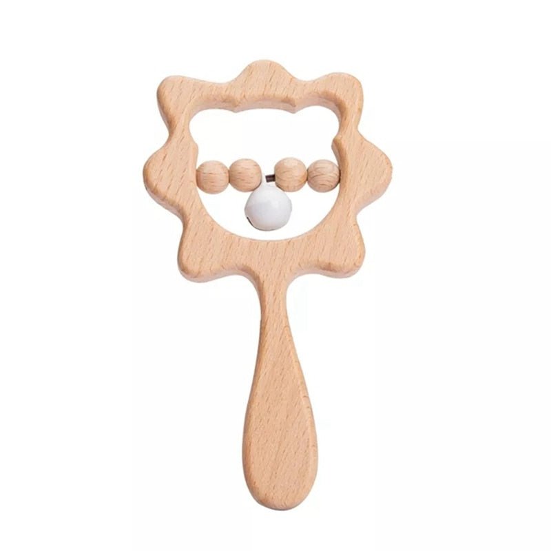 Crochet White Lion Rattle and Teether plush toy with wooden ring for grasping practice and early motor skill development.
