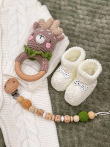 Crochet Wooden Teether rattle trio for baby showers, nursery gifting, and everyday teething and grasping play.