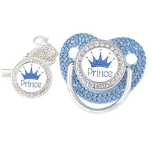 Luxury Crown Pacifier & Clip Set, decorative pacifier with Prince text and crown design on a white background, for teething relief and calm naps.