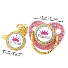 Luxury Crown Pacifier & Clip Set, pink and gold pacifier with Princess text and crown design, measurements indicated, for baby shower gifting.