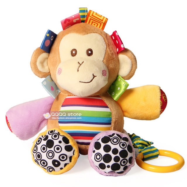 Colorful monkey plush toy with various textures and patterns.