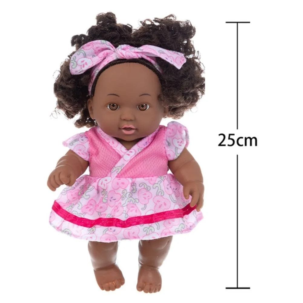 Cuddly Soft Reborn Baby Doll in pink dress with headband, 25cm height stick shown for size comparison.
