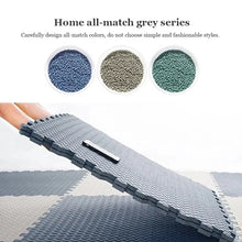 Gray interlocking foam mats with color swatches and text.