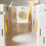 White and yellow pet playpen with multiple tunnels on a light background