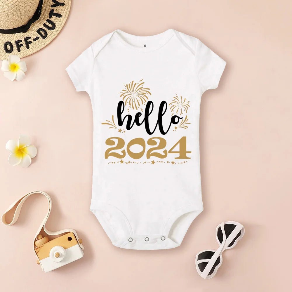 White baby onesie with 'hello 2024' text 