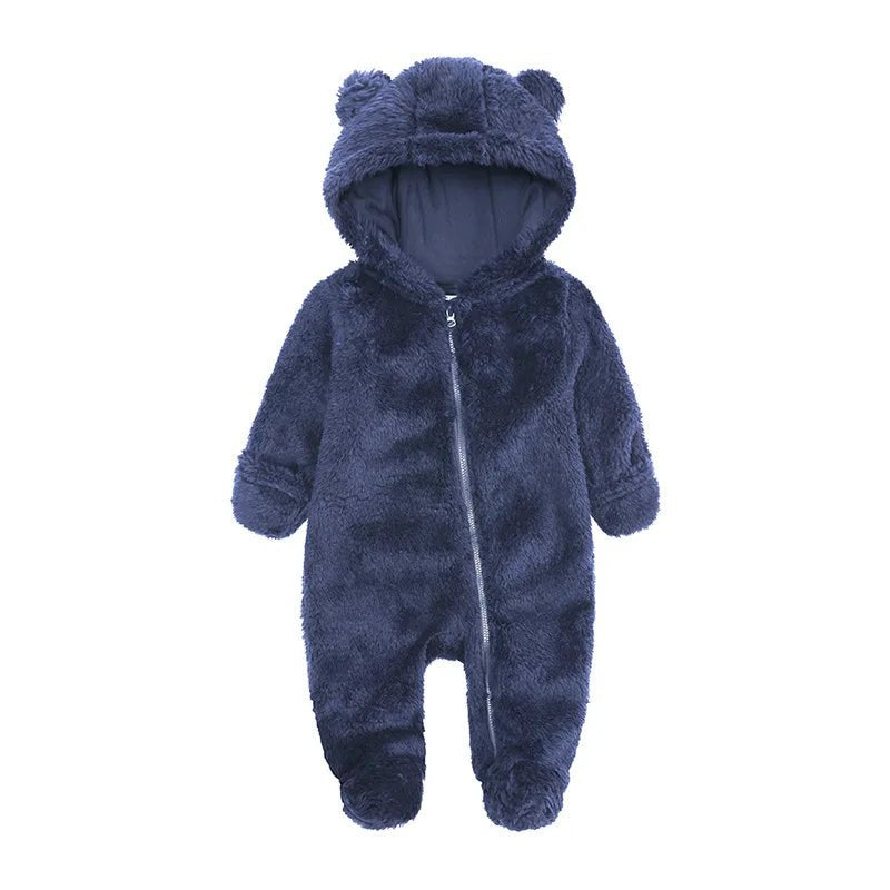 Blue baby onesie with bear ears and feet 