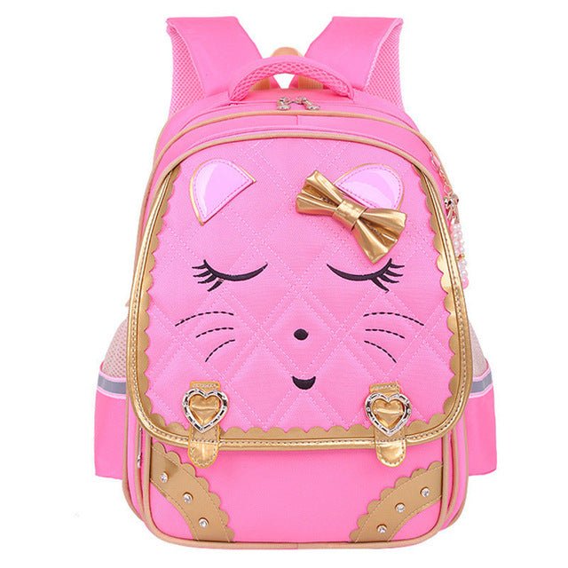 Pink backpack with a cat face design 