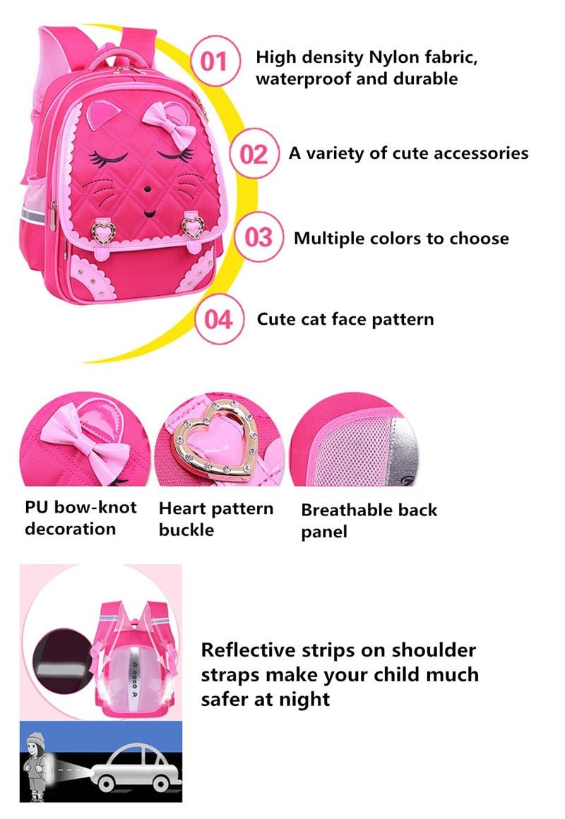 Pink backpack with cat face design, features listed