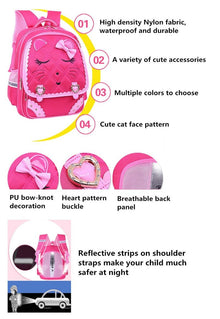 Pink backpack with cat face design, features listed
