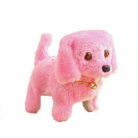 Pink plush toy dog with a bell.
