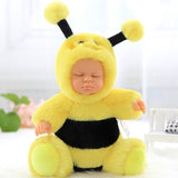 Baby in a yellow bee costume with black details.