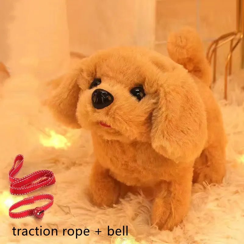 Plush dog toy with a pink on a soft surface.