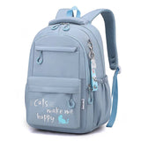 Light blue backpack with 'Cats make me happy' text and cat illustration.