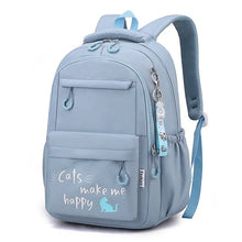 Light blue backpack with 'Cats make me happy' text and cat illustration.