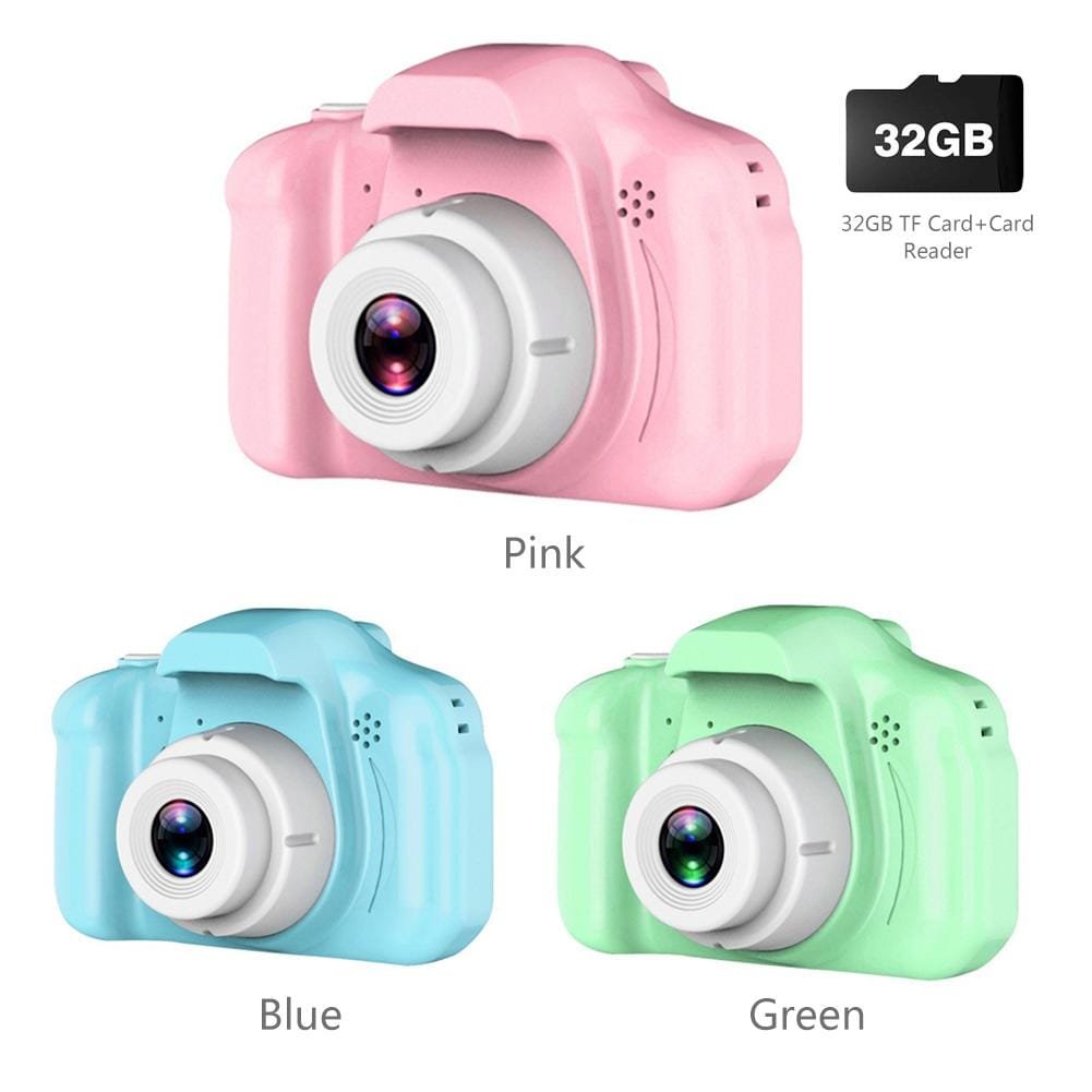 Three colorful children's cameras in pink, blue, and green with a 32GB card reader.