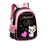 Pink and black backpack with a cat illustration.
