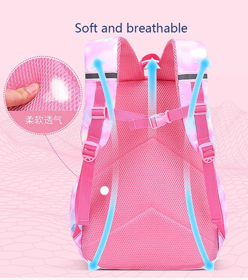 Pink backpack with blue straps on a pink background, highlighting soft and breathable material.