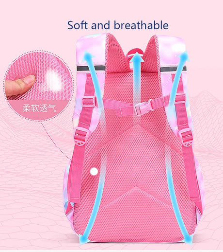 Pink backpack with blue straps on a pink background, highlighting soft and breathable material.