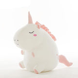 Plush toy unicorn with pink horn and ears.