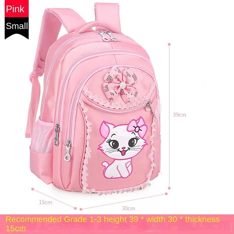Pink backpack with cat design and measurements on a white background