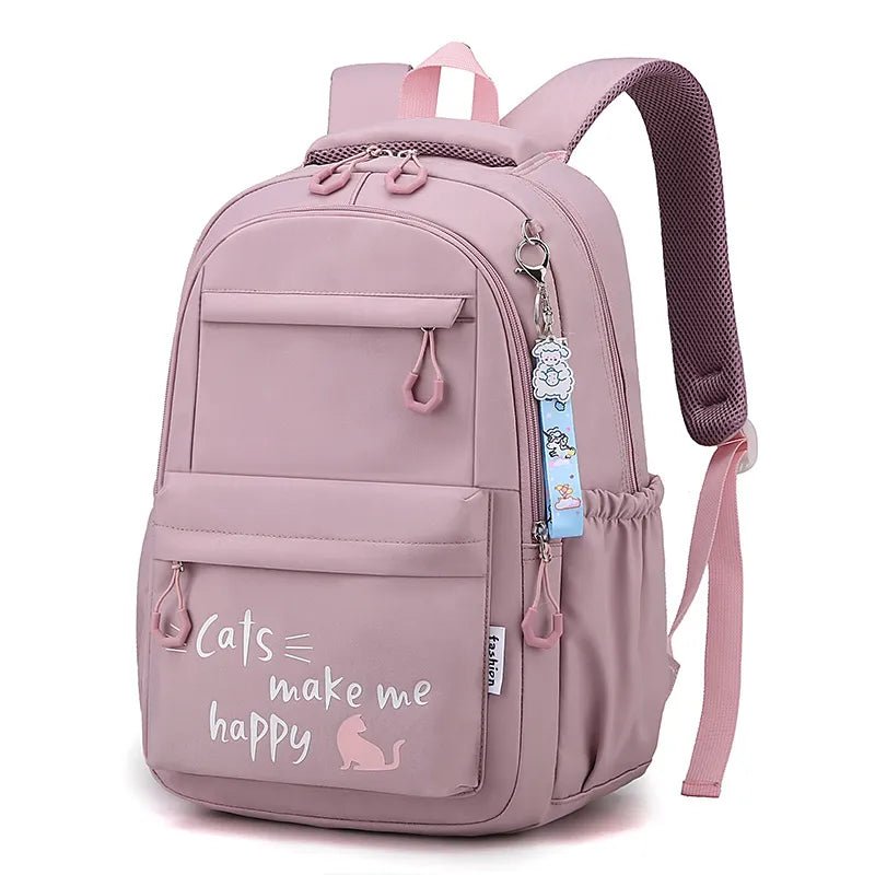 Pink backpack with 'Cats make me happy' text and a cat illustration.