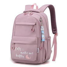Pink backpack with 'Cats make me happy' text and a cat illustration. (option 2)