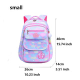 Pink and blue backpack with measurements.