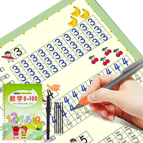 Educational mat with numbers and fruits, hand holding a pen, and a book titled '0-100' on a white background.