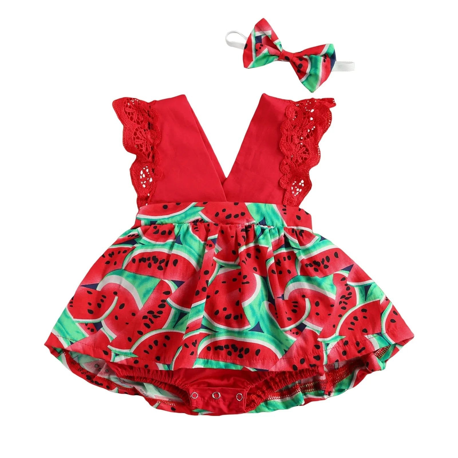 Baby romper with watermelon pattern and matching headband on a white background