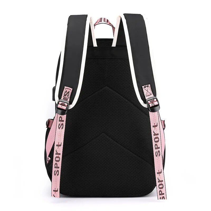 Large USB Canvas School Bag for Teenage Girls: Fashionable Black Pink Backpack image 2