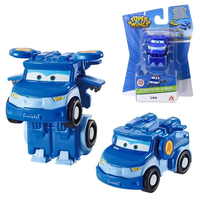 Two blue toy vehicles with a packaging display of 'Super Wings' on a white background.