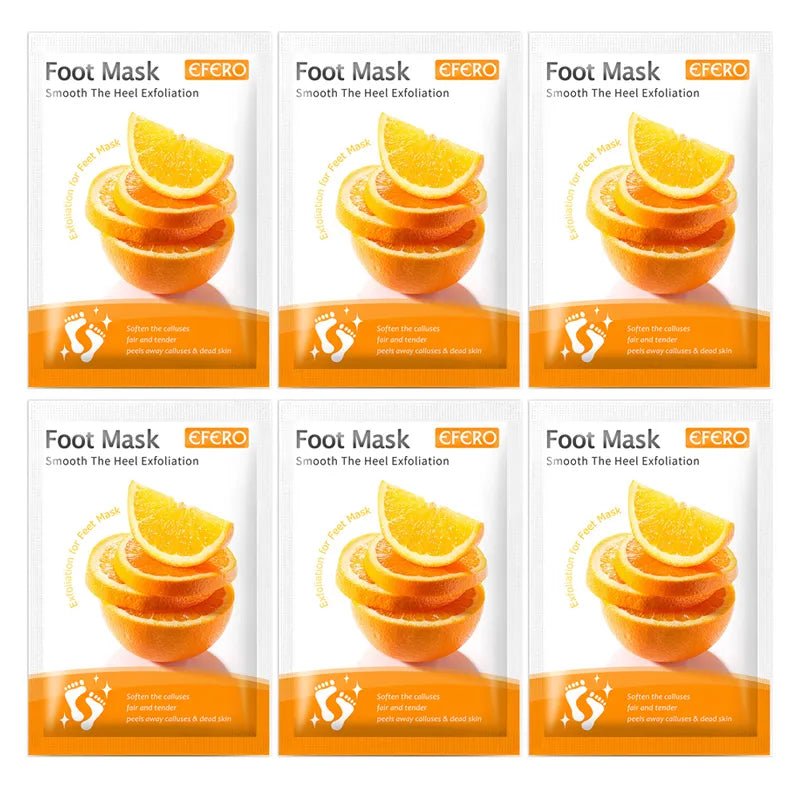 Six packages of Efero foot mask with orange slices on a white background