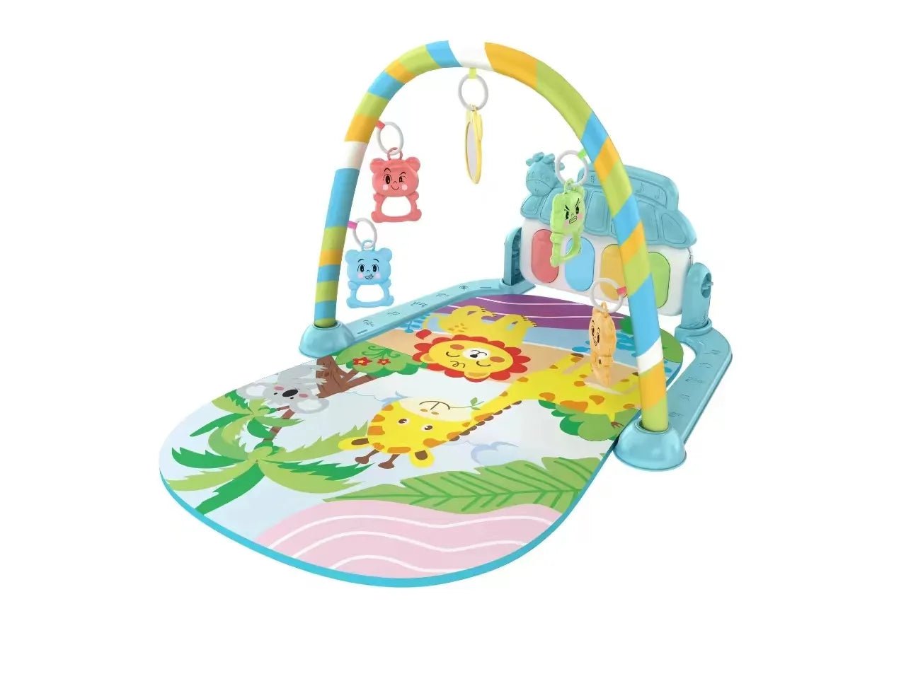 Colorful baby play gym with animals and toys on a white background