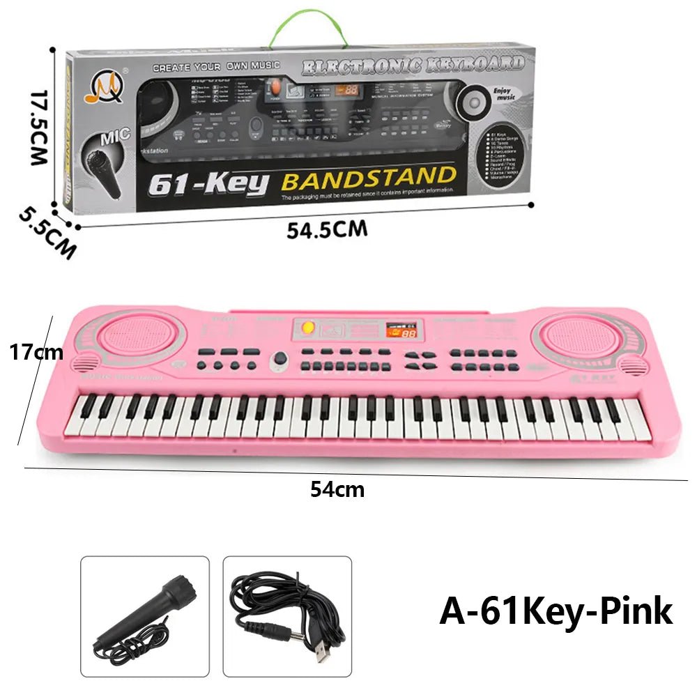 Pink electronic keyboard with packaging, dimensions, and accessories displayed.