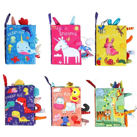 Set of colorful children's soft books with animal illustrations on a white background