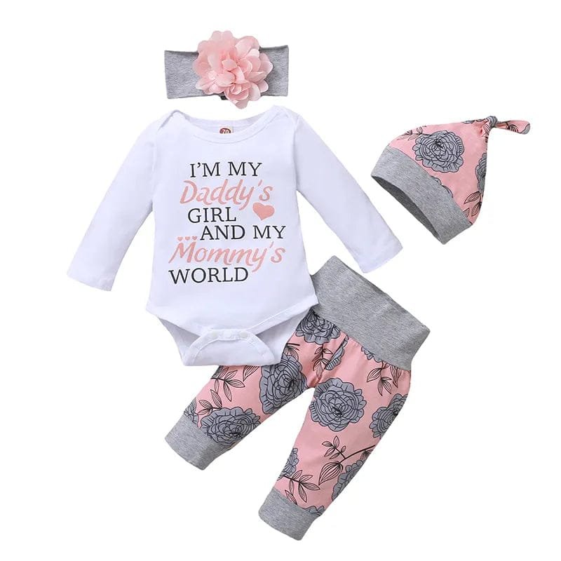 Baby outfit with white long-sleeve shirt, pink floral pants, pink floral hat, and gray headband on a white background.