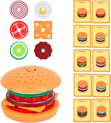 Toy hamburger set with building blocks and assembly cards on a white background