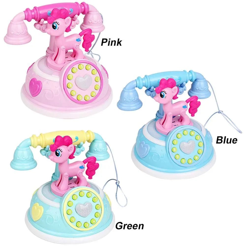 Three toy telephones in pink, blue, and green with a pony figure on top.
