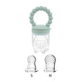 Mint green baby teether with clear silicone discs on a white background