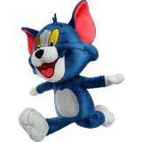 Plush toy of a blue animated character with red ears on a transparent background