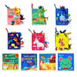 Collection of colorful children's soft books with various designs on a white background