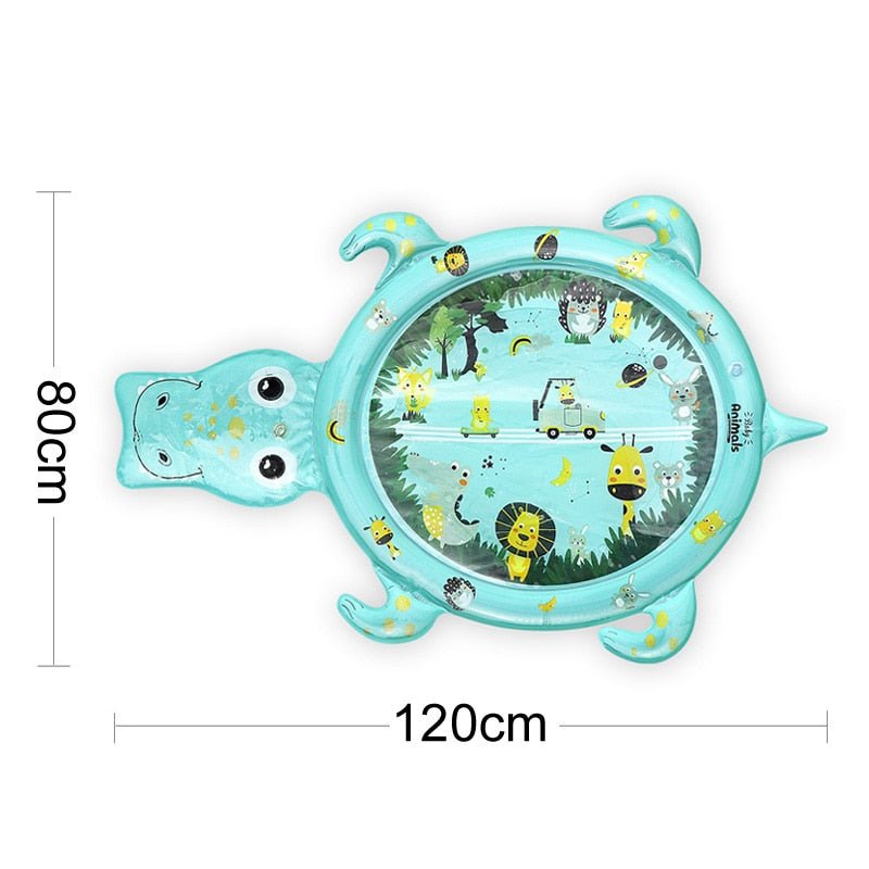 Tortoise-shaped water mat with cartoon designs and dimensions on a white background