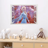 Framed artwork of a character from 'Frozen' in a forest scene, displayed above a wooden cabinet with toys.