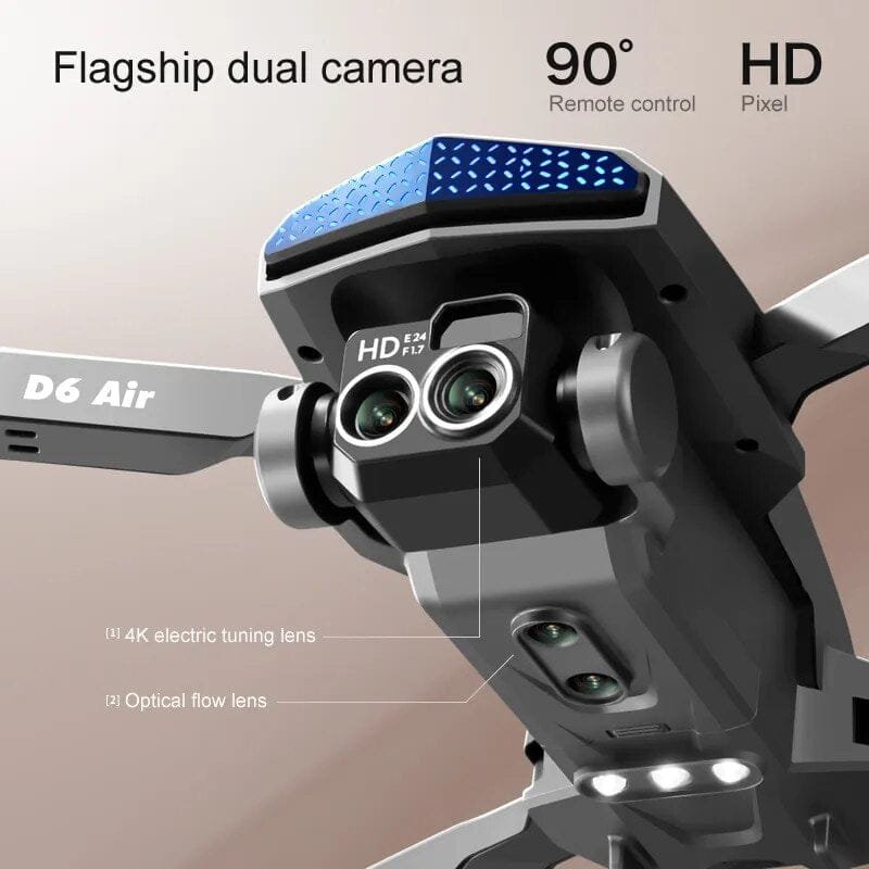 D6 Air drone dual camera system for wide and close aerial shots during travel and outdoor filming.