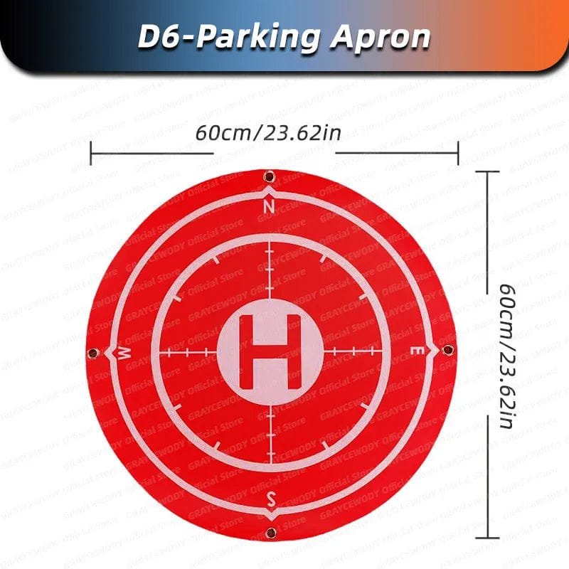 Red drone landing pad with markings and dimensions for safe D6 takeoffs and landings outdoors.
