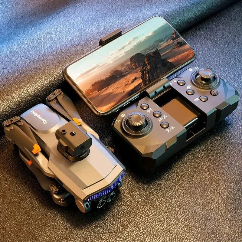 D6 drone remote phone holder and camera lens detail for live view flying and easy aerial framing.