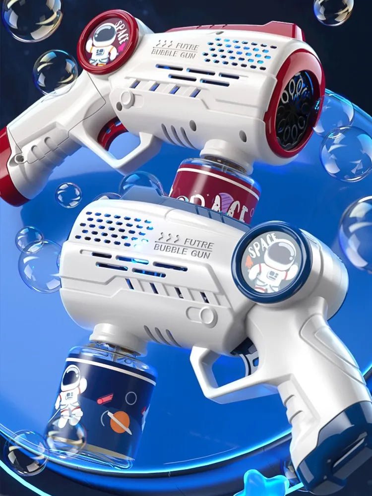 Toy bubble gun with futuristic design on a blue background with bubbles.